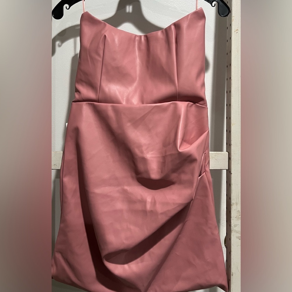 Faux Leather Pink Strapless Dress
